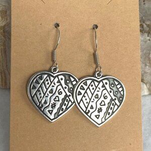 Sterling Silver 925 Mexico Oxidized Geometric Pattern Heart Dangle Earrings